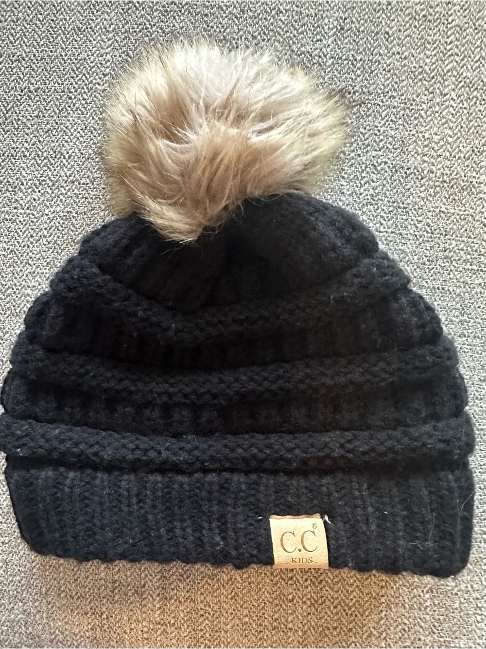 C.C Kids Black Knit Beanie with Faux-Fur Pom